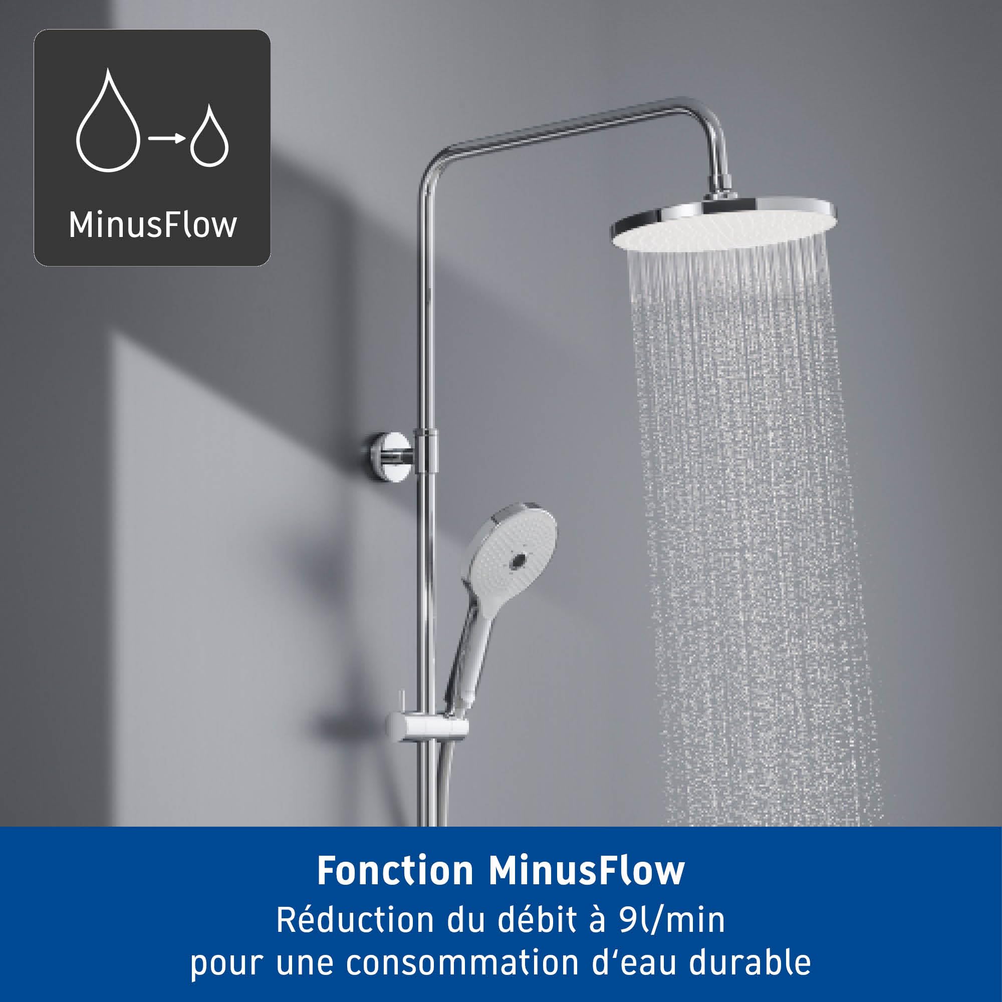 Système de douche Duravit, système de douche à économie d'eau, douche de tête avec 3 types de jets (Rain, Intense Rain, Soft Rain), réglable en angle, kit de douche facile à nettoyer, doré poli