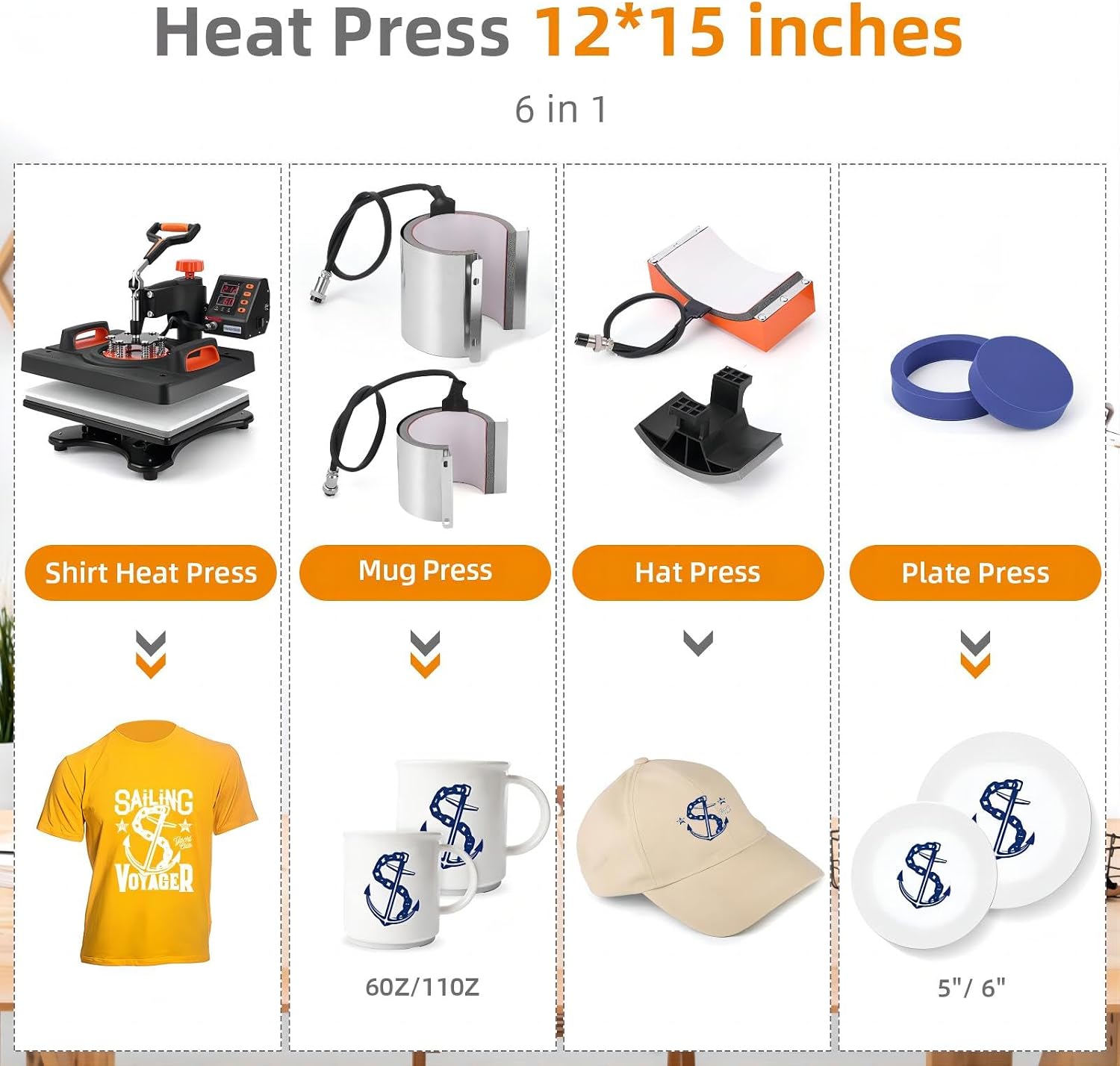 6 in 1 Heat Press Machine, 12" x 15" Professional Sublimation Machine, Heat Press Machine for T-Shirts, 360° Swing Away, 0-410℉, 3 Preset Modes Heat Transfer Machine
