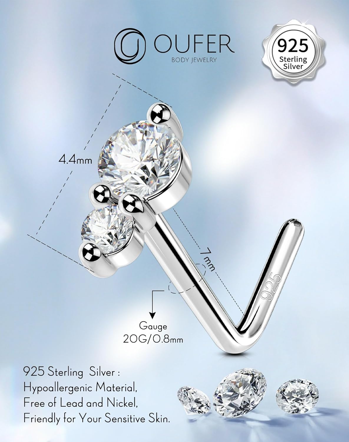 OUFER Nose Rings Studs, 925 Sterling Silver Nose Rings for Women, Bone L-Shaped Nose Studs, 20G Nose Nostril Piercing Jewelry - Image 4
