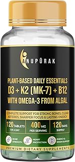 Vegan D3 K2 B12 & Omega 3 DHA Tablets | 4-in-1 Daily Essential Supplement | Bone, Brain, Heart & Energy Support | D3 (Lich... Price In India