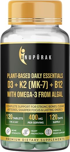Vegan D3 K2 B12 &amp; Omega 3 DHA Tablets | 4-in-1 Daily Essential Supplement | Bone, Brain, Heart &amp; Energy Support | D3 (Lich...