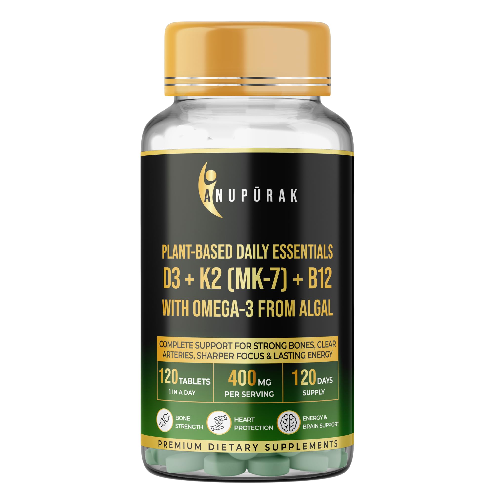 Vegan D3 K2 B12 & Omega 3 DHA Tablets | 4-in-1 Daily Essential Supplement | Bone, Brain, Heart & Energy Support | D3 (Lichen) + K2 MK-7 (Natto) + B12 + 250mg Algal DHA | 120 Veg Tablets (120 Days)