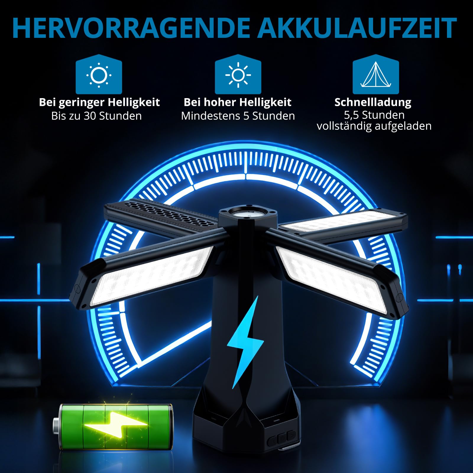 AUTOUTLET LED Campinglampe 16000mAh, 1,77M Baustrahler mit Stativ, 4000LM 4 Verstellbare Panels Campinglampe, 5 Lichtmodi, Dimmbar,Magnet & Haken,IP66 Wasserdicht Arbeitsleuchte für Werkstatt Outdoor