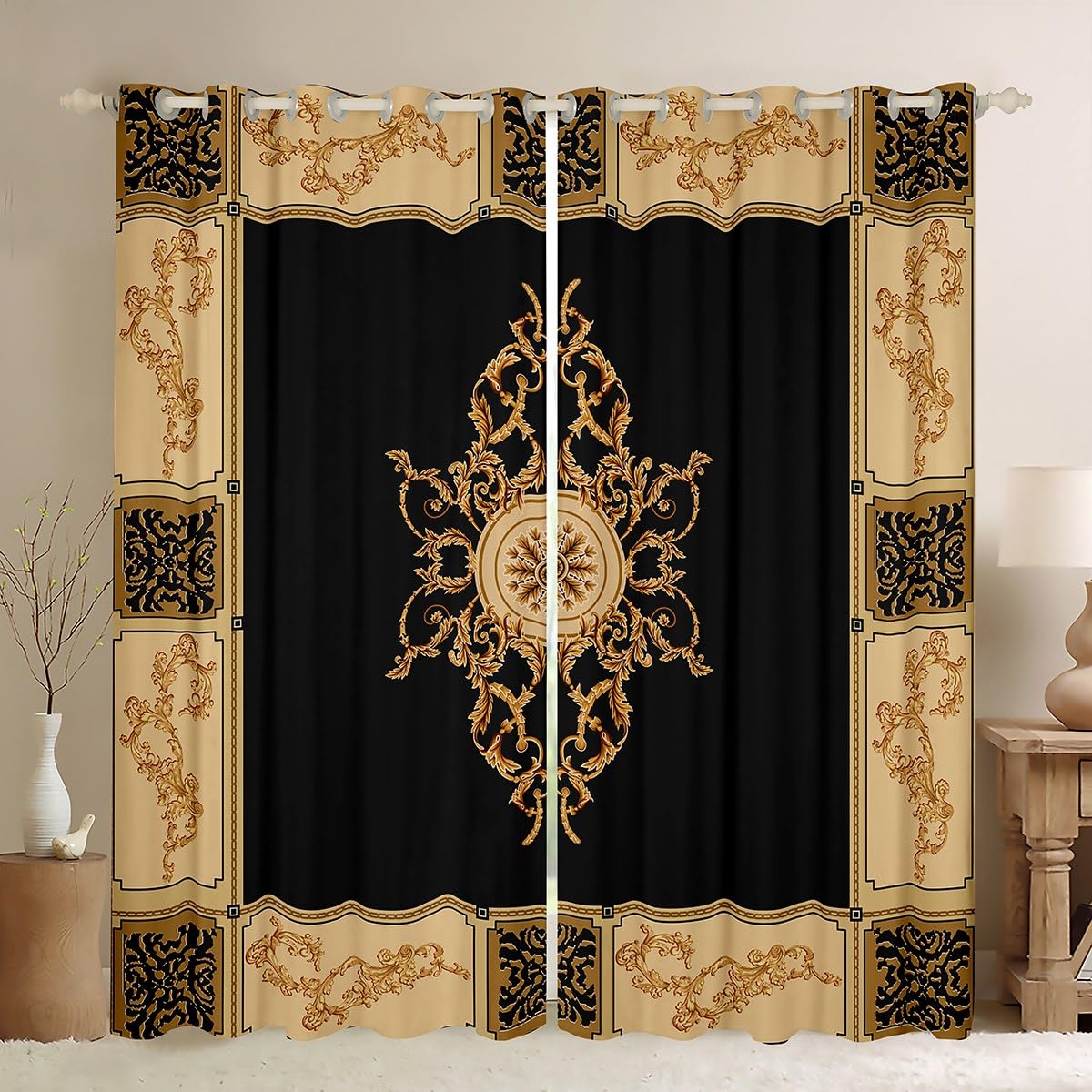 Homemissing Vinatge Floral Window Drapes Traditional Curtains for Bedroom Living Room For Kids Retro Flowers 30%-50% Blackout Curtains Gold Black Window Treatments W52*L90