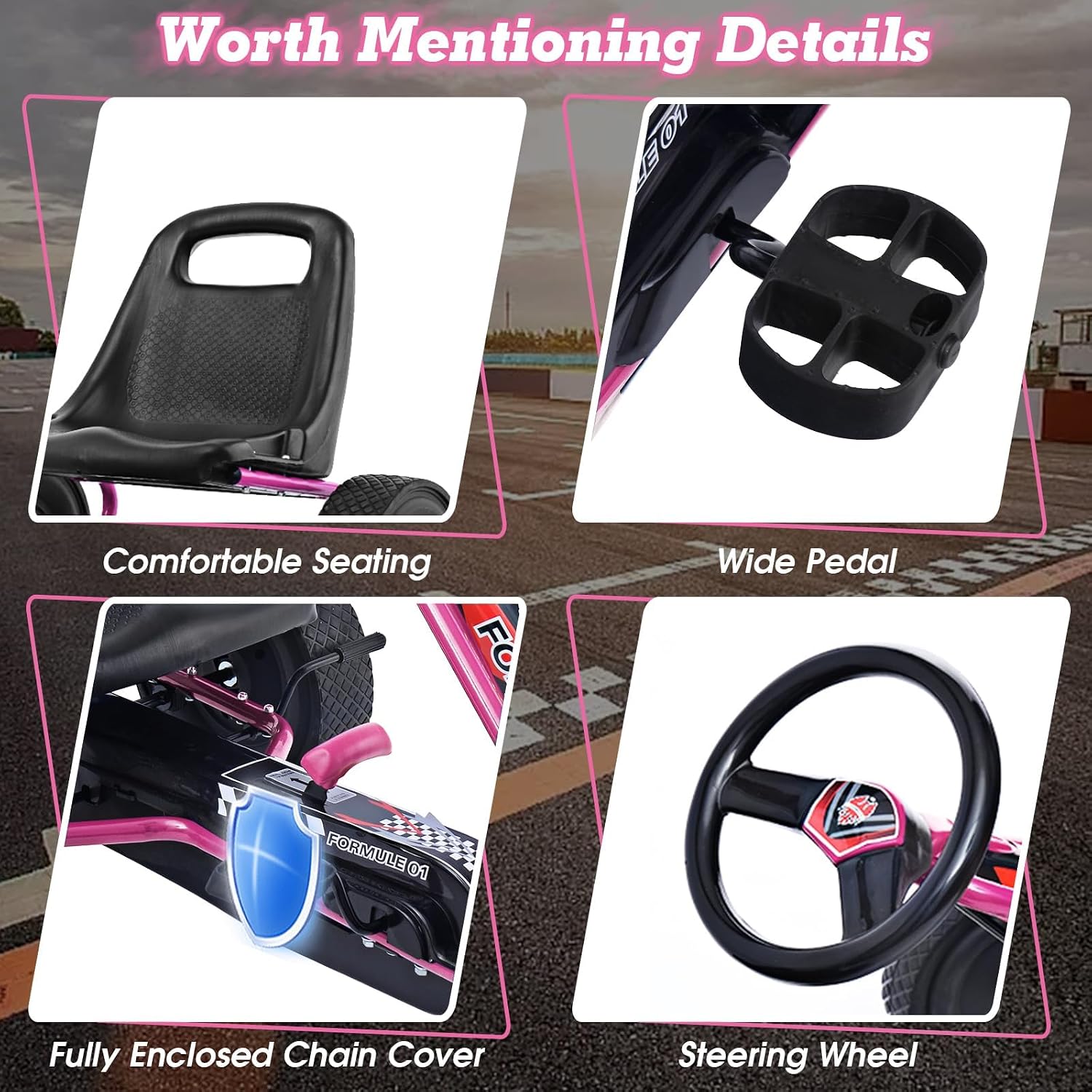 DORTALA Go Kart for Kids, 4 Wheel Off-Road Pedal Powered Go Cart with 2-Position Adjustable Bucket Seat, Safety Brakes, EVA Rubber Tires, Outdoor Ride On Racer Pedal Car for Boys & Girls (Pink)