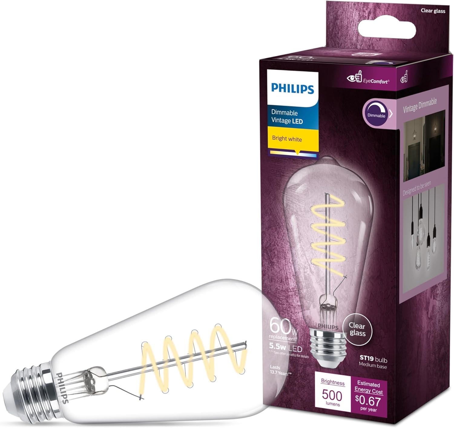 PHILIPS LED 60W ST19 1-Pack Vintage Edison Spiral Bright White 3000K 500 Lumen 5 5W 60W Dimmable Clear