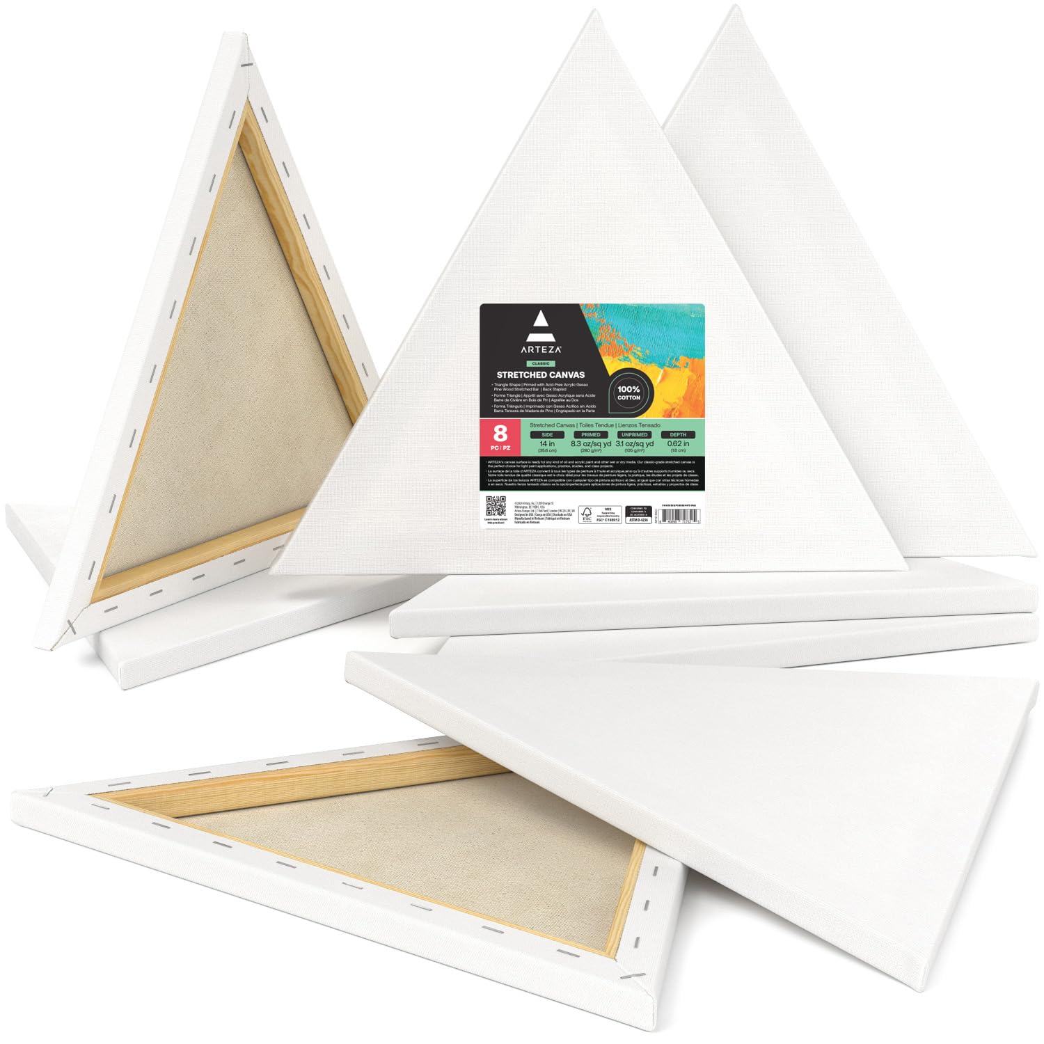 Arteza - Set di 8 tele triangolari allungate in 100% cotone, 35,6 cm, tela bianca con copertura in gesso su telaio in legno massello