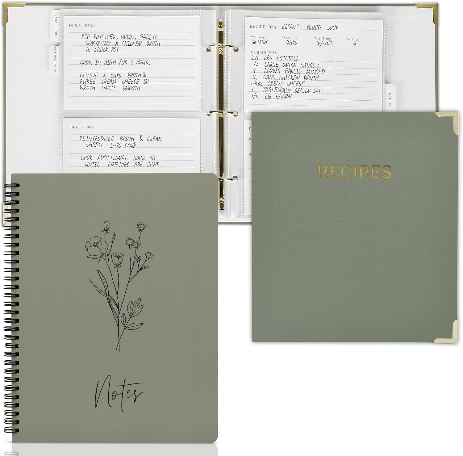 ZICOTO Aesthetic Sprial Notebook Journal For Women and Recipe Binder with Witherproof Cover Bundle - The Perfect Cute Dark Green Set to Stay Organized