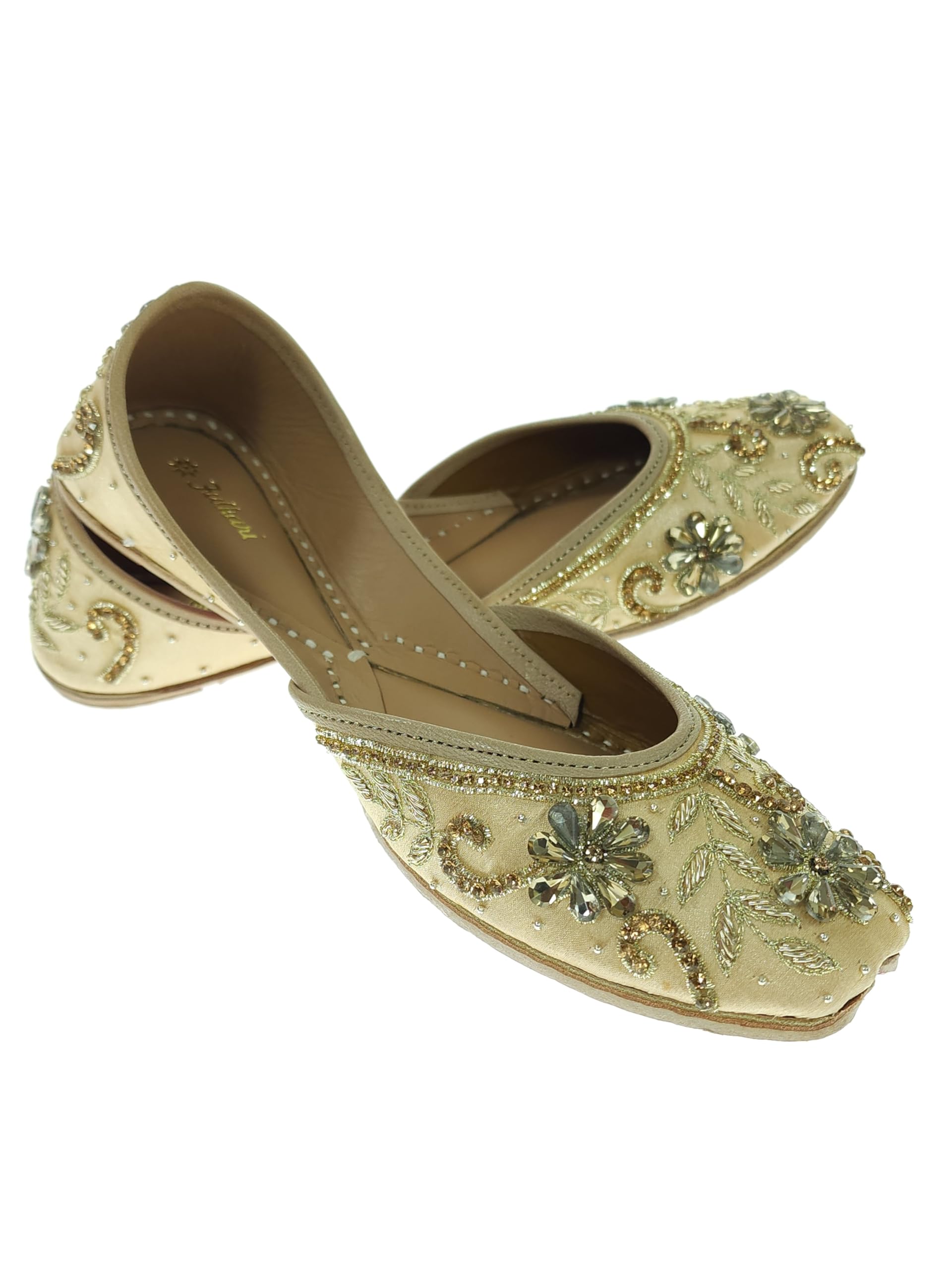 fulkari Women Boronia Stone Gold Genuine Soft Leather Embroidered Jutis | Bite and Pinch Free Jutti | Punjabi Formal Juttis | Girl's Wedding Flat Ladies Mojari | Formal Ethnic Juti |-picture-19