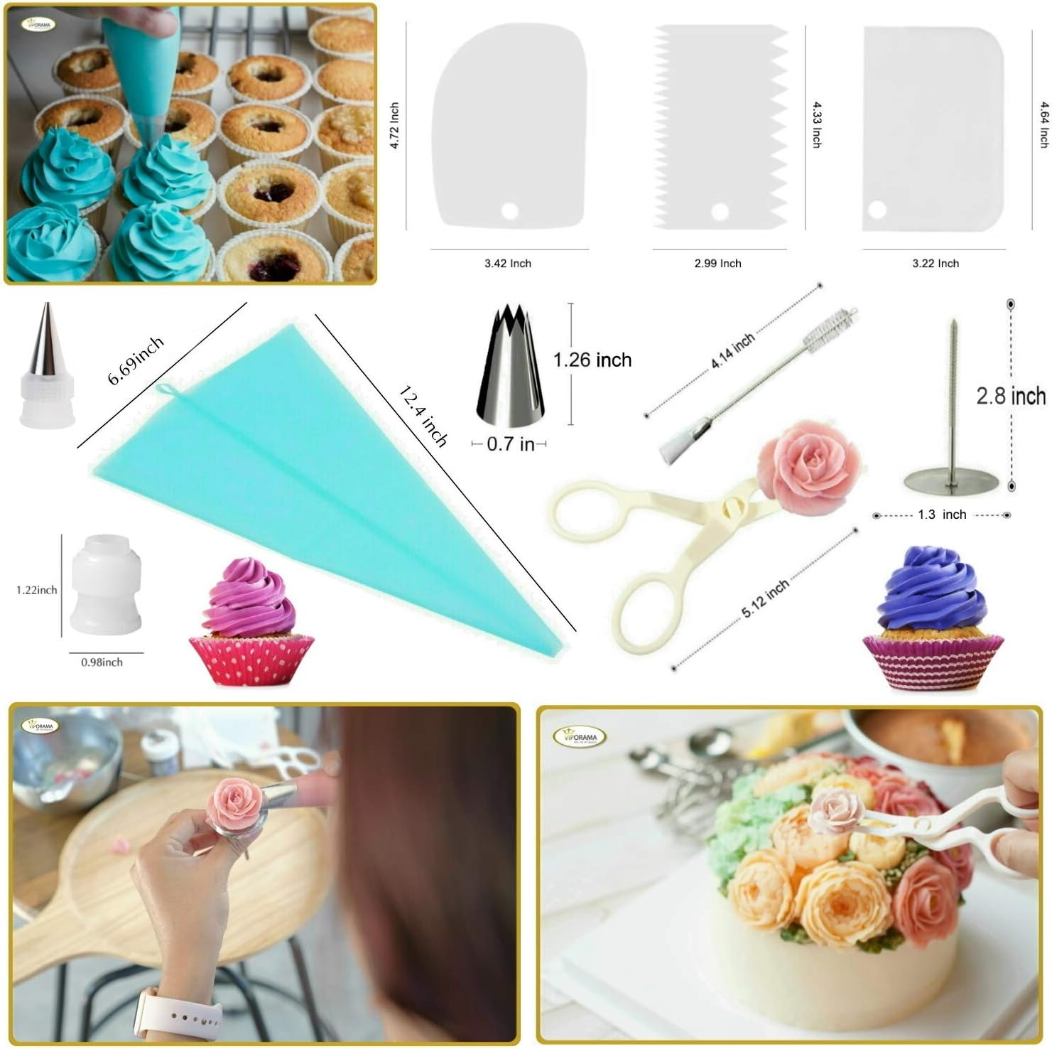 Cake Decorating Supplies Kit VIPorama 100pcs Set 1 Cake Turntable Stand 2 Icing Spatulas 48 Icing Tips 1 Cake Leveler 31 Pastry Bags 1 Cake Flower Nail 2 Pens 3 Scrapers 5 Measuring Spoons
