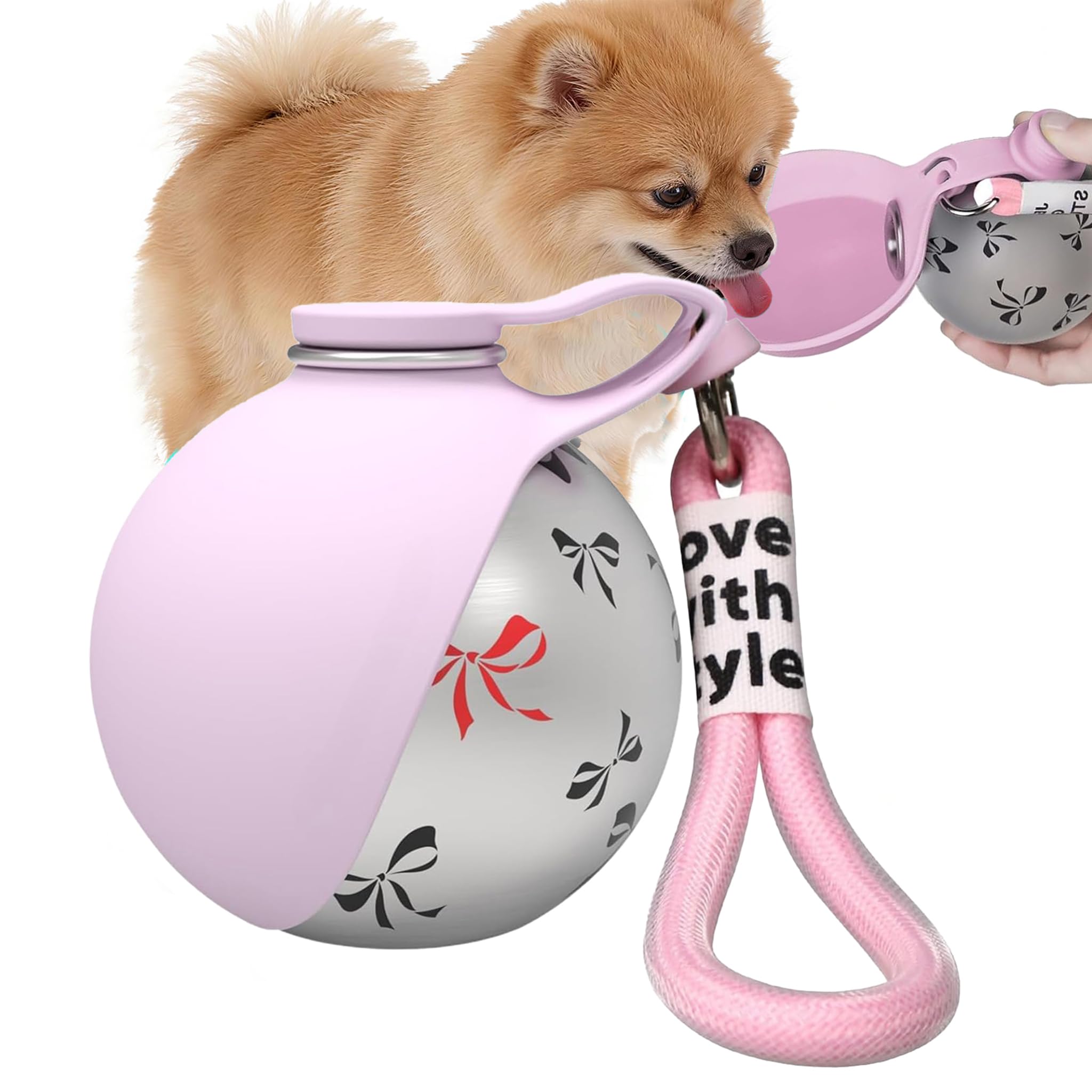 Stainless Steel Dog Water Bottle for Walking 285ml, 2-in-1 Portable Dog Water Bottle with Foldable Silicone Bowl, Feeding & Watering Supplies for Dogs, Dog Bottle for Travel and Walks (Pink-B)