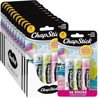 ChapStick Bulk Lip Balm, Vacation Getaway Collection, 3-Packs (12 Sets/36 Tubes) – Fun & Flavorful Lip Care, Birthday Gifts, Party Favors, Stocking Stuffers, 0.15 Oz Ea