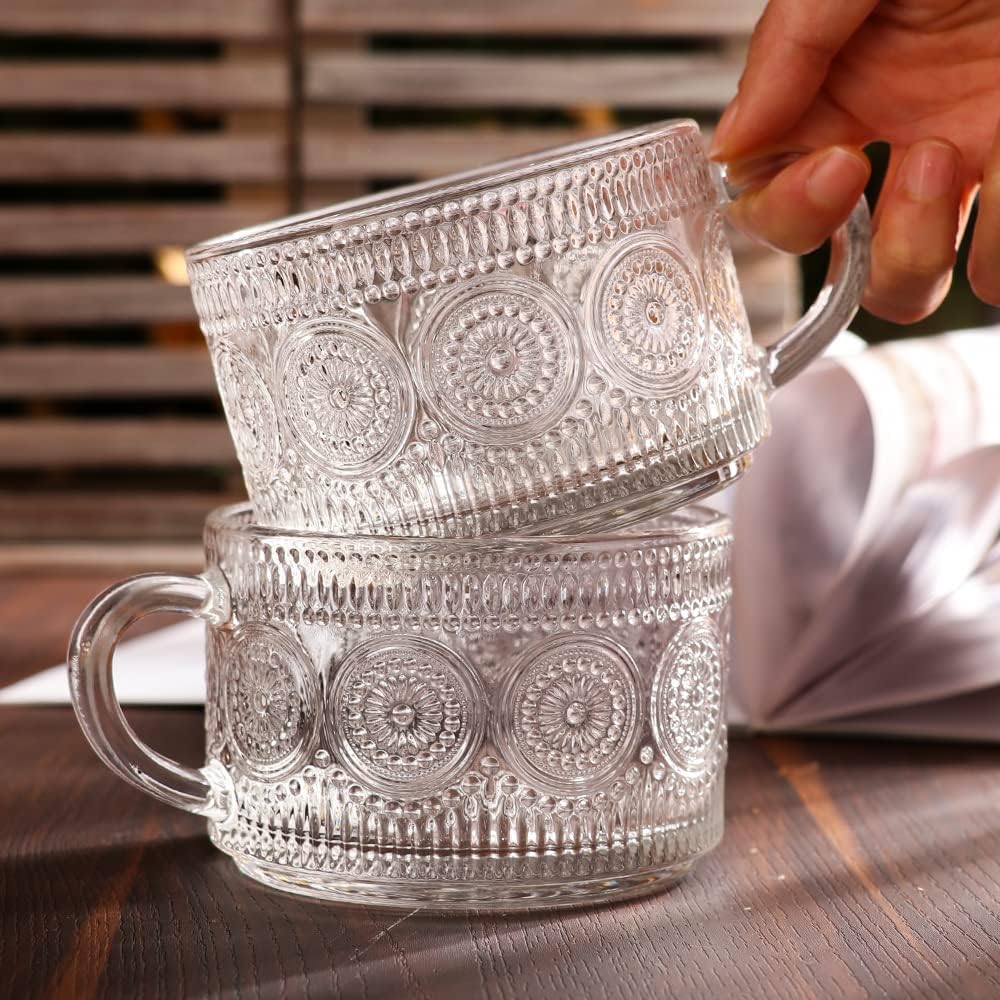 Vintage Glass Coffee Mugs Set of 4, 14 Ounces Embossed Glass Coffee Cups Stackable Coffee Mugs for Cereal, Yogurt, Latte, Clear Breakfast Cups with Handle for Beverages (Sunflower*4)