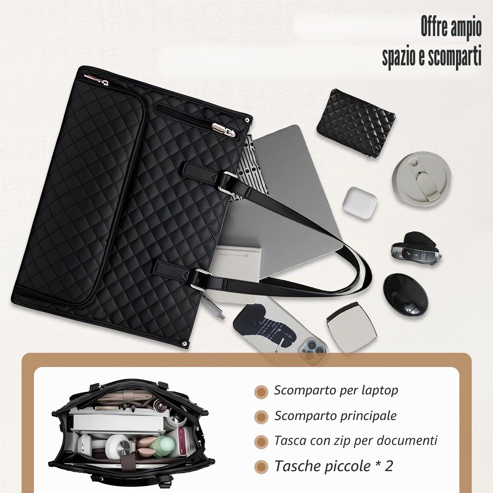 Borsa Pranzo Donna 15,6 Pollici con Vano Termico, Borsa da Lavoro 2-in-1 per PC Portatile con Scomparto Isolato per il Pranzo, Tracolla Regolabile Lunga Nero