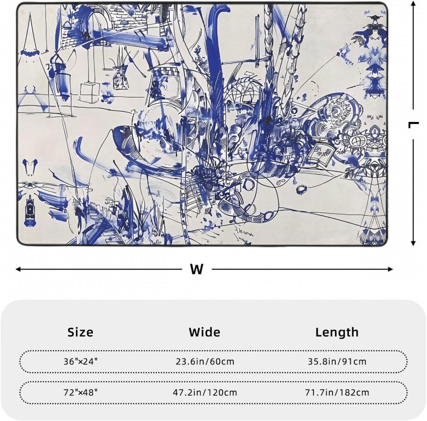 Blue Graffiti Printed Anti-Slip Floor mat Carpet Rug 36"x24" for Living Room Office Coffee Table Bed Balcony