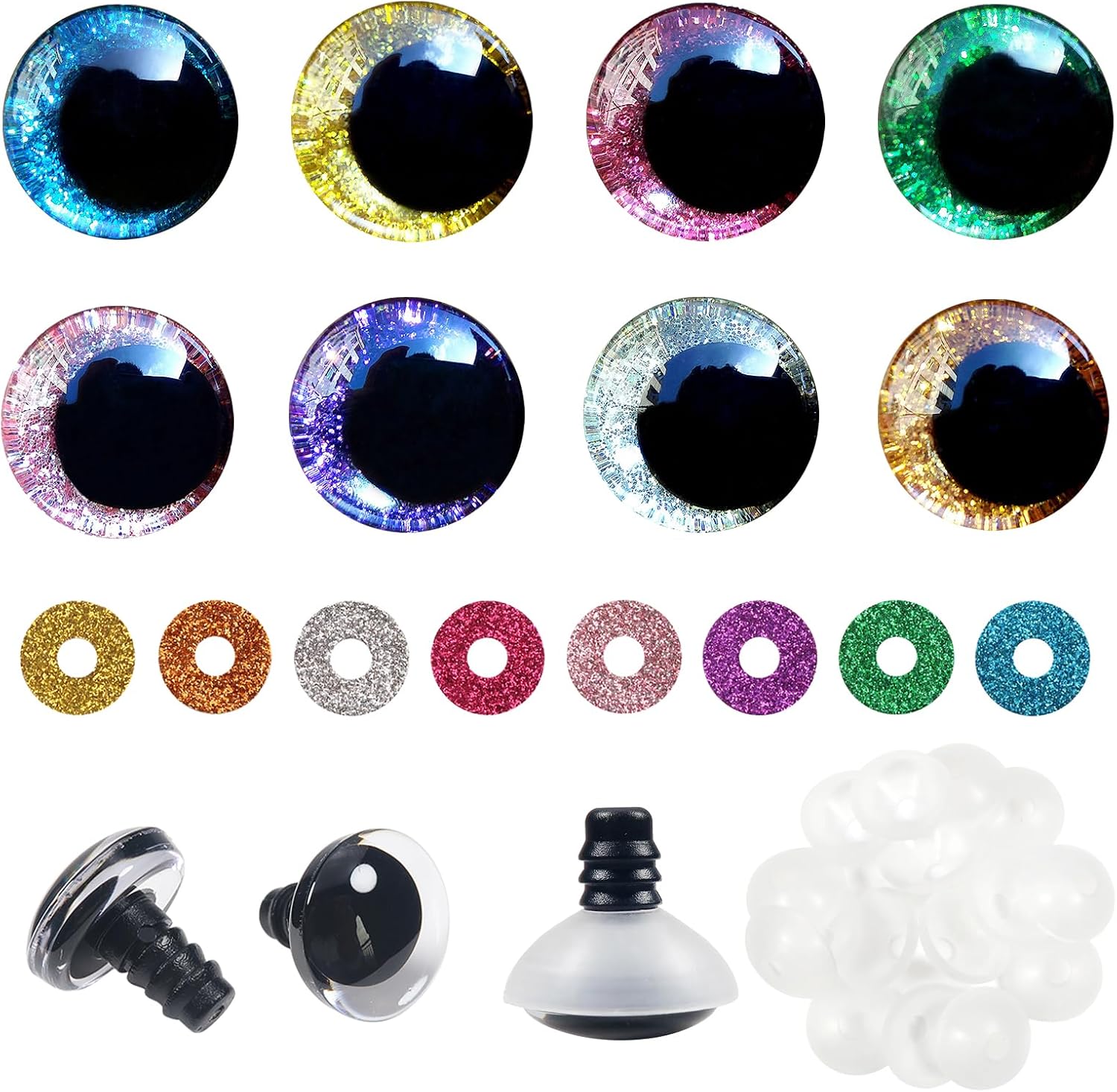 TOAOB 48pcs Glitter Safety Eyes Multicolor 12mm Plastic Craft Round Crochet Large Doll Eyes with Washers for Stuffed Animals Amigurumis Crocheting Dolls Crafts Making