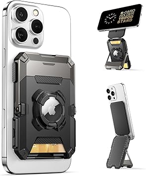SUPCASE for MagSafe Wallet with AirTag Holder, Magnetic Airtag Wallet for Men, [Hold 5 Cards] [Adjustable Stand] [RFID Blocking] Phone Card Holder Tripod for iPhone 17/16/15/14/13/12 Series, Dark
