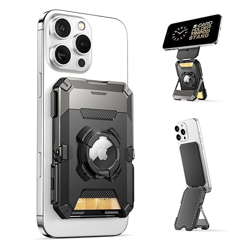 SUPCASE for MagSafe Wallet with AirTag Holder, Magnetic Airtag Wallet for Men, [Hold 5 Cards] [Adjustable Stand] [RFID Blocking] Phone Card Holder Tripod for iPhone 17/16/15/14/13/12 Series, Dark
