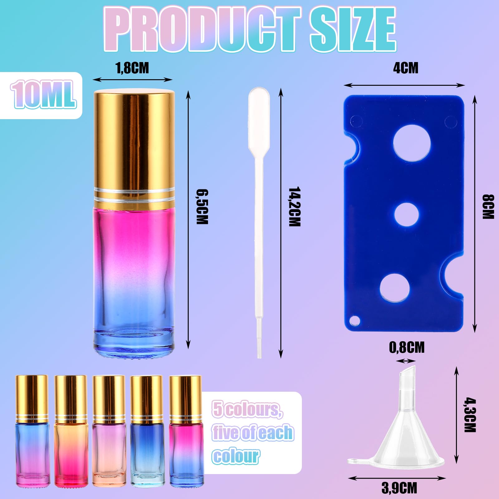 CYEER 25 sztuk butelek Roll On 5 ml, puste butelki z olejkami eterycznymi, zestaw kolorowych butelek na perfumy z kulkami ze stali nierdzewnej i akcesoriami do samodzielnego aromaterapii, torebki i
