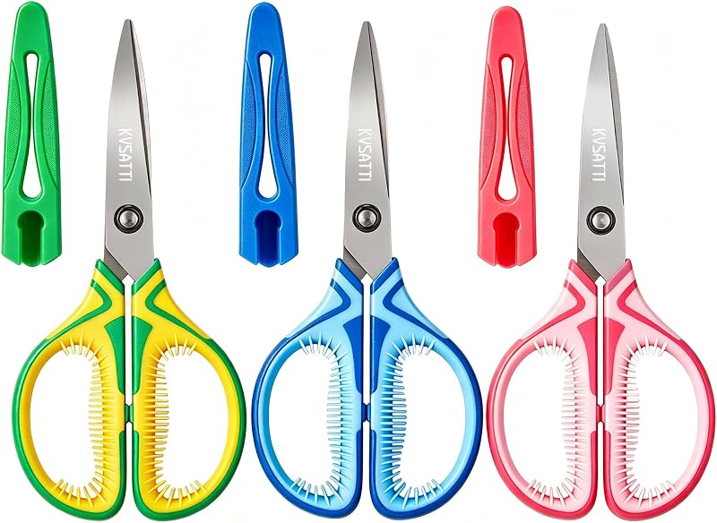 7" Kids Scissors With Cover, Soft Grip Ages 8-12 School Craft | 3-Pack Ambidextrous,Stainless Steel Blades for Students, Classroom, DIY Art, Scrapbooking & Craft Projects, Home Use