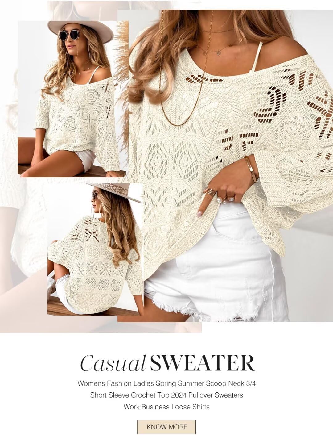 Dokotoo Women's 2026 Spring Summer Crochet Hollow Out 3/4 Sleeve Pullover Sweater Off Shoulder T-Shirts - Image 2