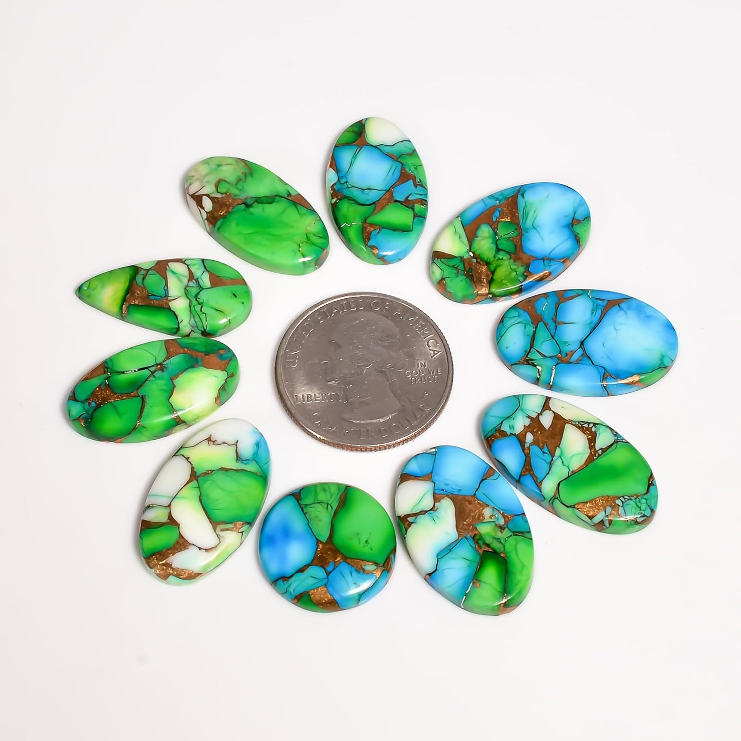 (3pcs Green Oyster Copper Turquoise Cabochons Gemstone Wholesale Bulk Lot, Jewelry Making Loose Polished Gems, DIY, Wire Wrapping, Flat Back, Birthstone Crystal, 20-25mm