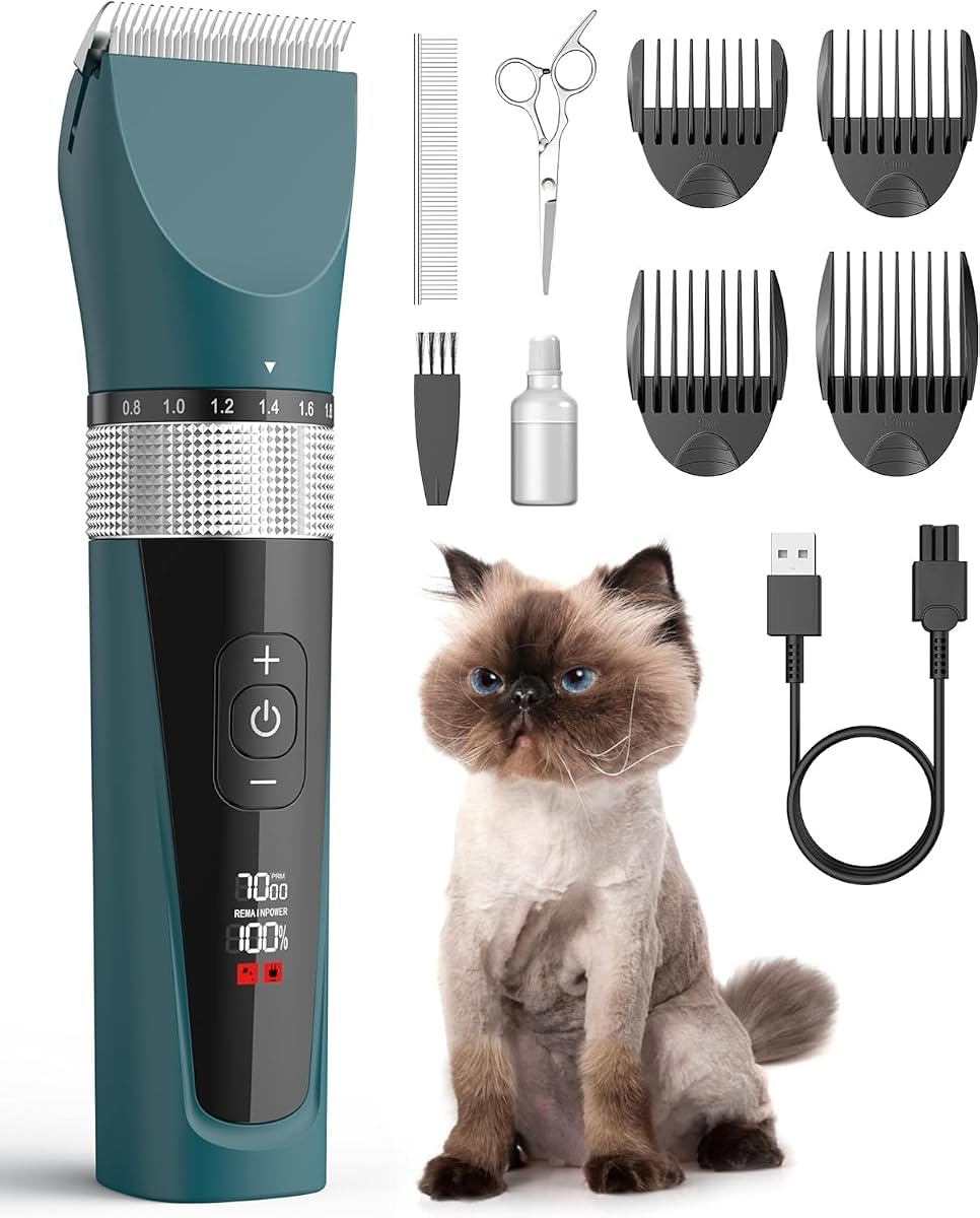 Oneisall Cat Hair Clipper for Tangy Coat, 5 Speeds, Silent Wireless Cat and Dog Shaver for Long Hair, IPX6 Waterproof Dog Clipper for Dogs, Cats and Other Pets