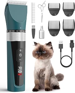 oneisall Cat Clippers for Matted Hair, 5-Speed Quiet Cat Grooming kit | Waterproof, 49dB Low Noise, 120min Long Battery Life LCD Display, 4 Guards With Comb and Scissor, For Long Thick Matted Hair