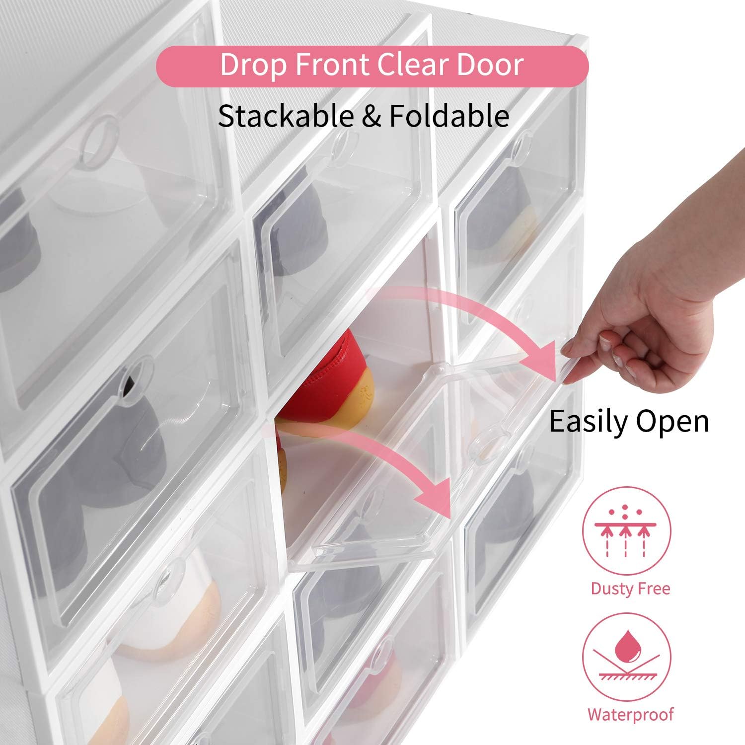 IRONLAND Stackable Shoe Storage Box, Foldable Clear Plastic Shoe Organizer 12 Pack, Need to be Assembled (Wood Grain)