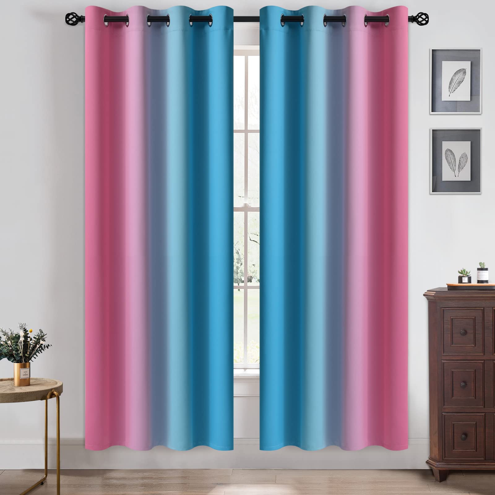 Yakamok Ombre Pink and Blue Curtains for Bedroom Gradient Room Darkening Curtains - Image 2