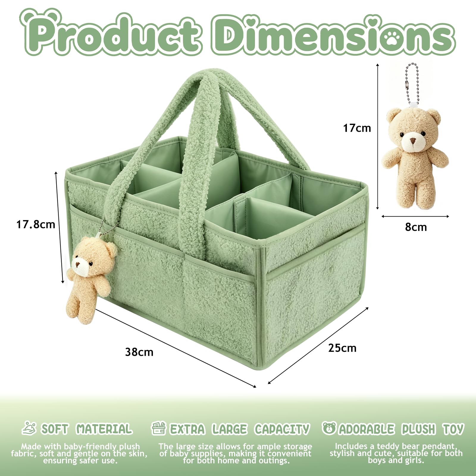 Organizador Pañales, Portátil Organizador Cambiador Bebe con Compartimentos y Asas, Plegable Cesta de Almacenamiento Bebés para Viajes, Cesta de Pañales para Toallitas, Verde