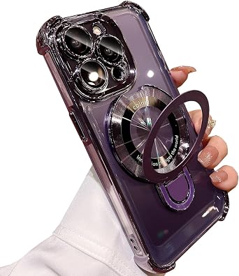 Magnetic Invisible Kickstand Holder for iPhone 14 Pro Max Case Compatible with Magsafe, with Camera Lens Protector, Millitary Shockproof Clear Cover for iPhone 14Pro Max Purple