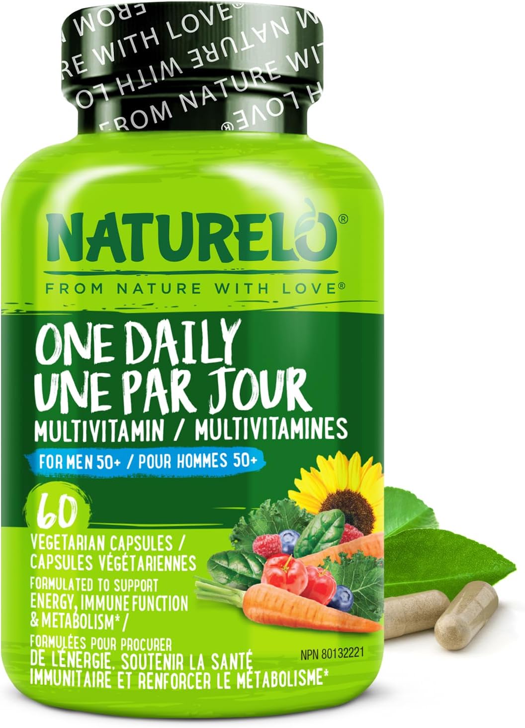 NATURELO Mens Multivitamins for Men 50+ - One Daily Multivitamin for Men with Vitamins, Minerals & Organic Whole Foods, Boost Energy & Health, Non-GMO, 60 Vegetarian Capsules