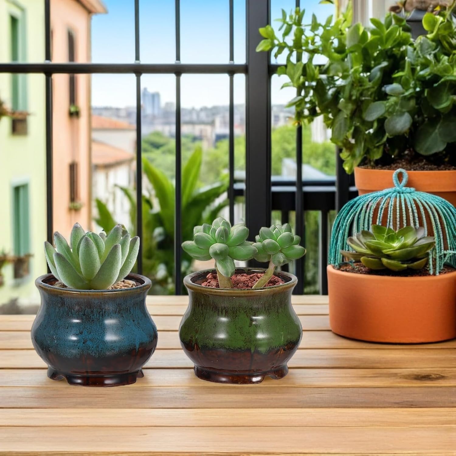 TOYANDONA 5pcs Ceramic Succulent Planter Pots with Drainage and Base for Indoor Bonsai Gardening, Small Colorful Flower Pots Set for Home Office Desk Decor