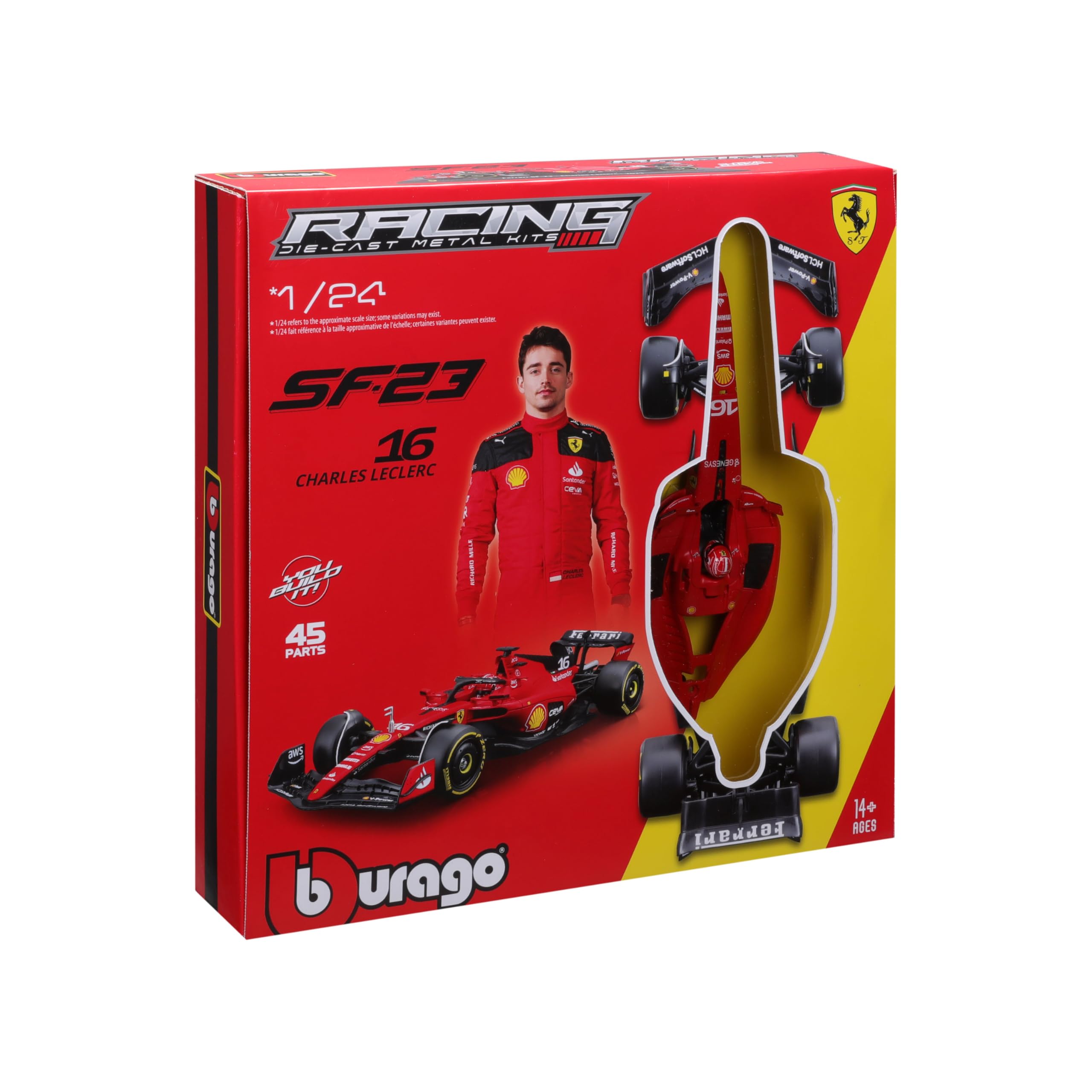 Bburago Formel 1 KIT Ferrari SF23 (2023): Modellauto Bausatz im Maßstab 1:24, 45-teilig, von Fahrer #16 Charles Leclerc, Window Box, 27cm, schwarz-rot (18-26851)
