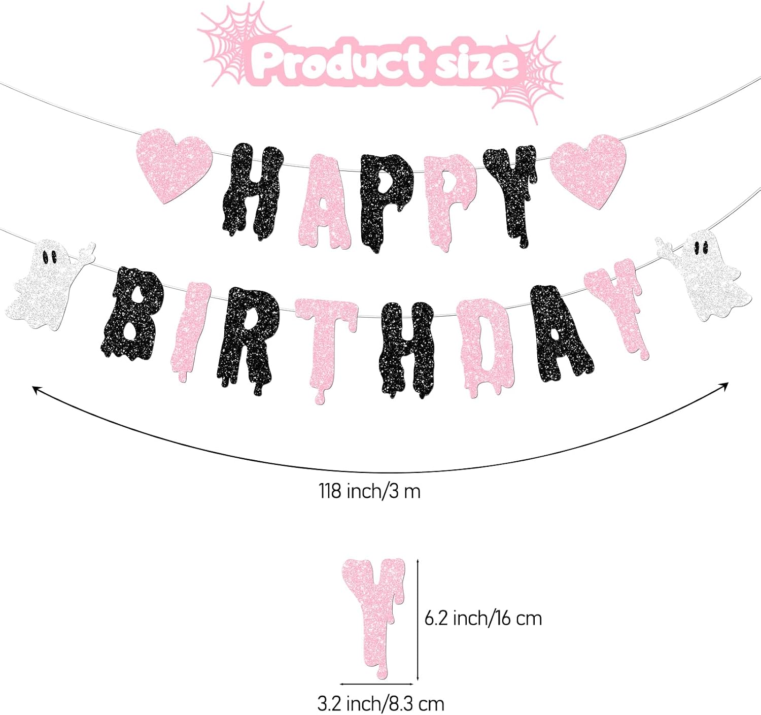 Black and Pink Happy Birthday Halloween Banner, Glittery Heart Ghost Banners for Cute Halloween Birthday Decorations Party Supplies for Girl/Women, No DIY.