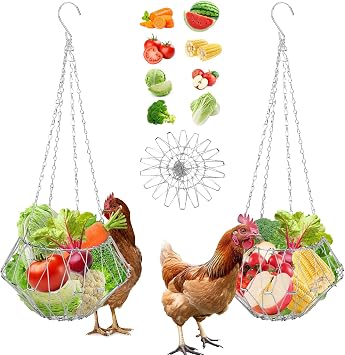 Chicken Cage Balls 2PCS Hanging Chicken Feeder, 9.25IN Large Foldable Poultry Feeder, Chicken Toys for Coop, Foldable Large Poultry Vegetable Fruits Feeder Basket with Hanging Chain2PCS