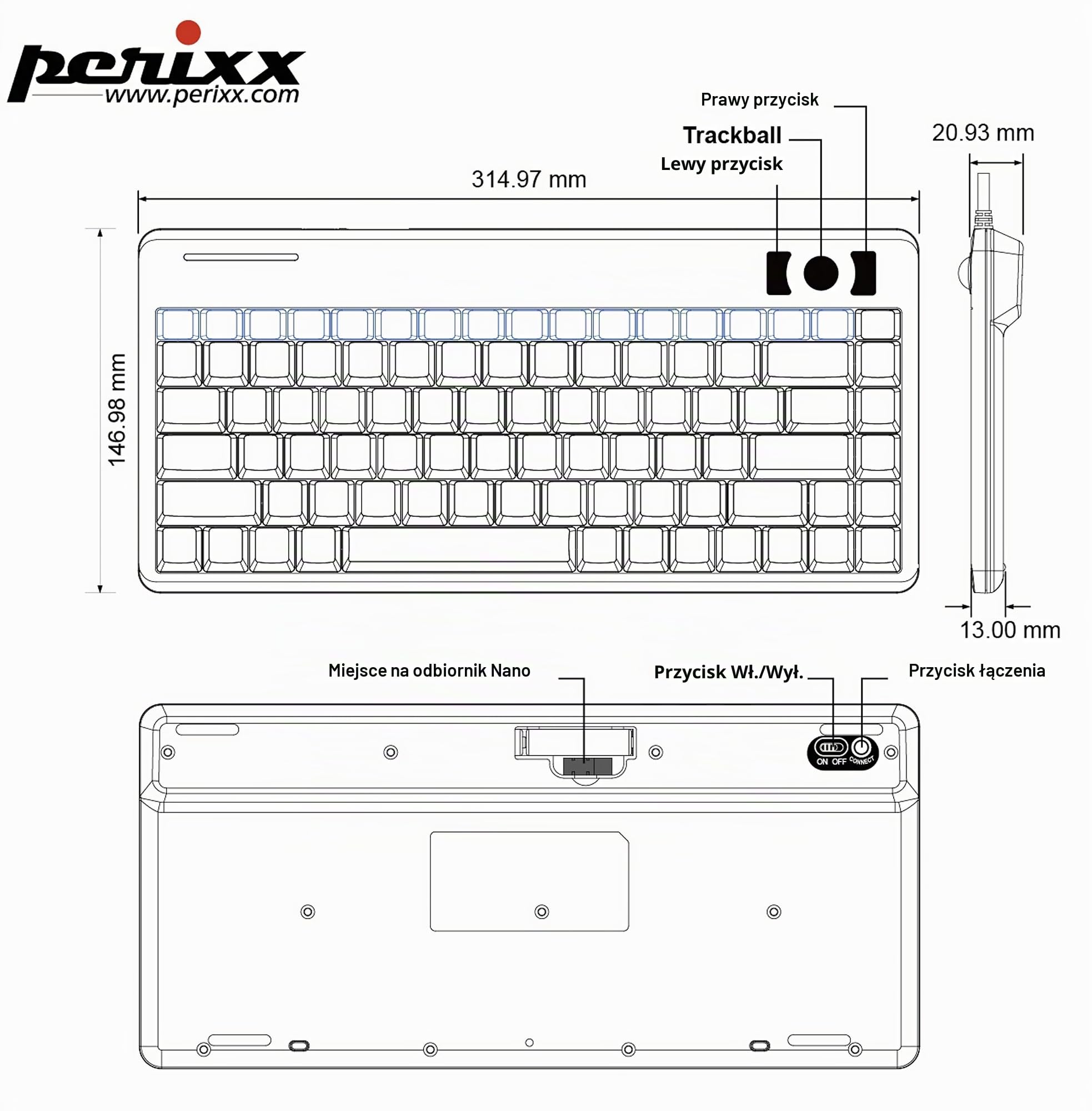 Perixx PERIBOARD-706 bezprzewodowa mini klawiatura Trackball, wbudowana 1,5 cm Trackball do funkcji wskazującej, układ USA
