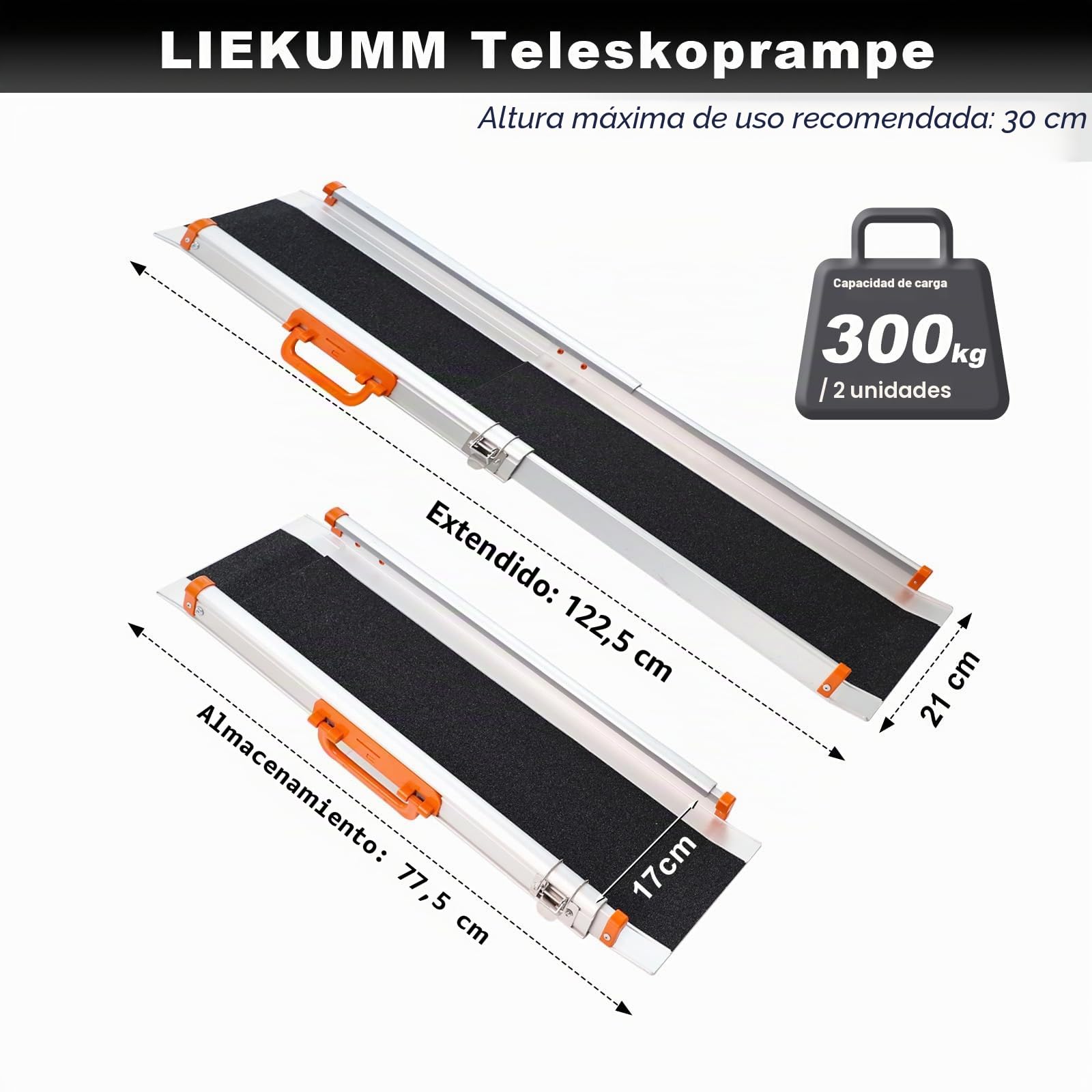 LIEKUMM 2 x 77,5-122,5 cm Rampas Telescópicas para Sillas de Ruedas, Capacidad Carga de 300 kg Rampa Silla de Ruedas Ajustable, Rampa de Acceso para Escaleras, Bordillos, Scooters y Bicicletas