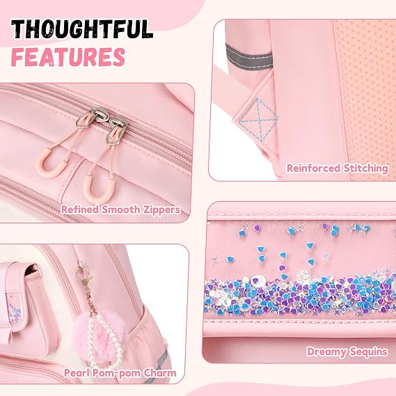 Backpack for Girls,Elementary Kids School Bag,Middle Students Teen Girls Backpack,Kawaii Book bag ages 6-12 Pink White