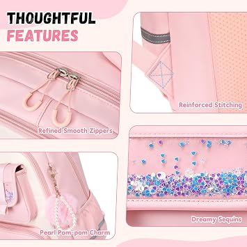 Backpack for Girls,Elementary Kids School Bag,Middle Students Teen Girls Backpack,Kawaii Book bag ages 6-12 Pink White
