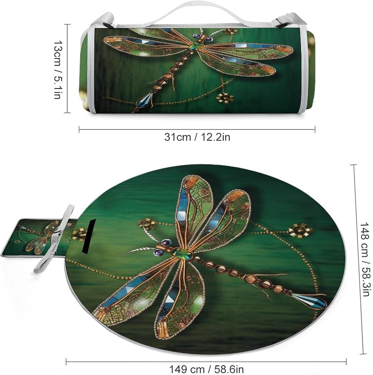Jewel Dragonfly Round Outdoor Picnic Mat Foldable Waterproof Beach Camping Blanket Outdoor Rug with Sponge Padding