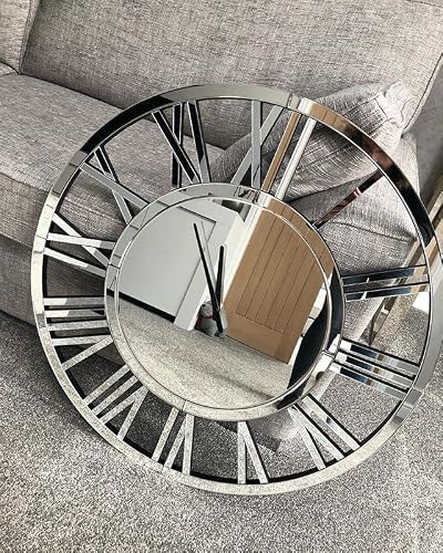 SHYFOY Wall Clock Oversize 31.5 in Roman Numerals Mirrored Clocks Silver Round Wall-Mounted Modern Clocks for Home Decor, Battery Operated, Silent Non Ticking, 80CM