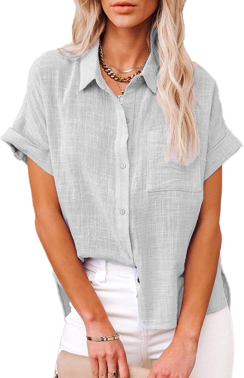 Paintcolors Women's Casual Short Sleeve Button Down Shirts Cotton Blouses V Neck Casual Tunics Solid Color Tops with Pockets