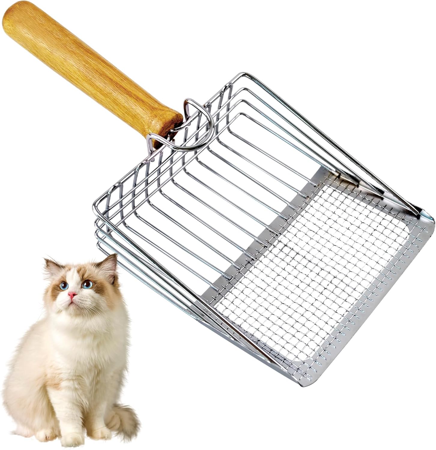 Metal Cat Litter Scooper with Holder,Stainless Steel Litter Scooper with Holder Heavy-Duty Cat Scoop Non-Stick Kitten Poop Deep Shovel for Kitty Box (Grey)