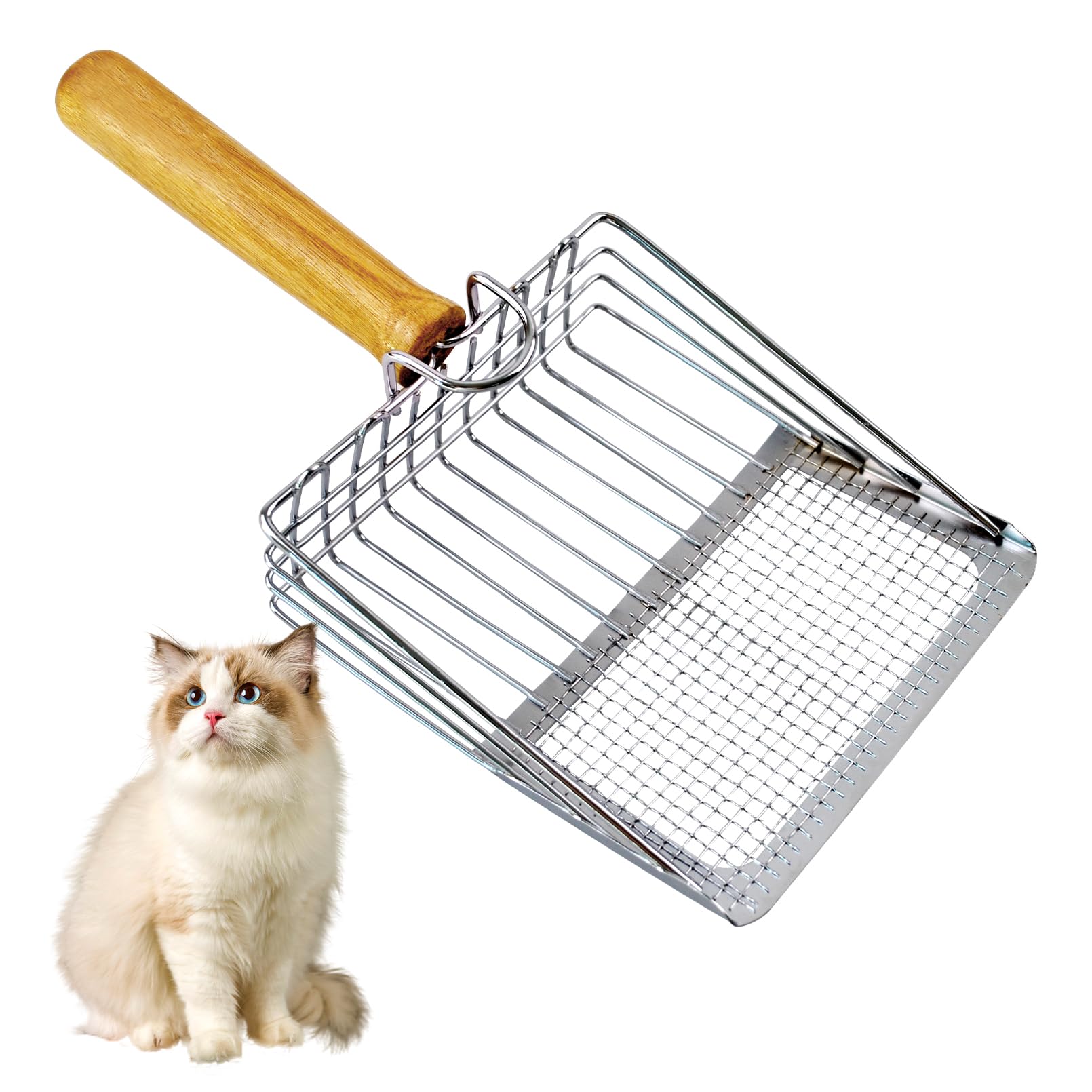 Stainless Steel Cat Litter Scoop,Cat Litter Scooper with Solid Wooden Handle,Kitty Metal Scooper &amp; Speed Sifter Deep Shovel Scoop Filter,Kitten Pooper Lifter for Litter Box