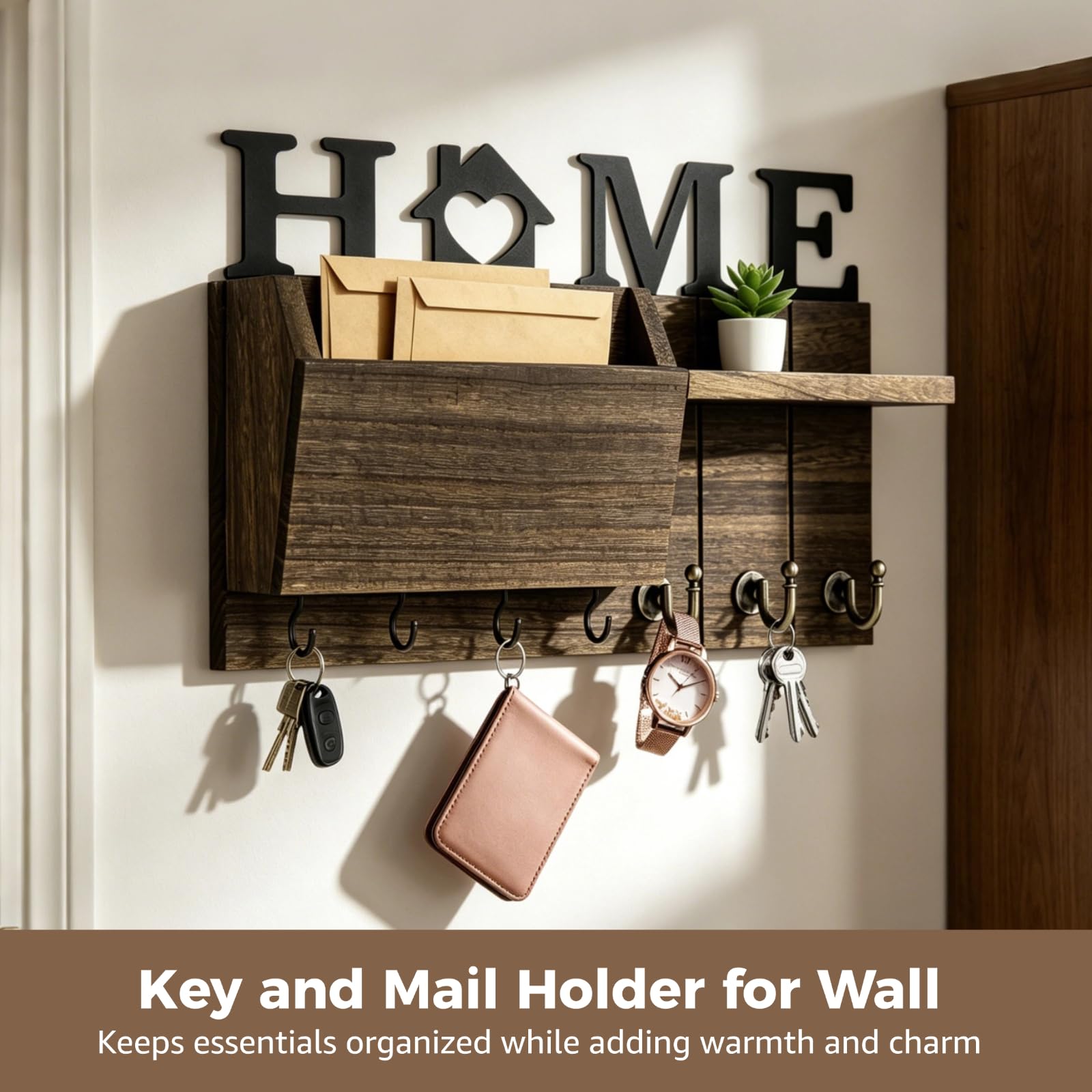 Generisch Schlüssel- und Briefhalter für die Wand, wandmontierter Schlüsselhalter, Briefsortierer im Landhausstil mit Ablage und 7 Haken, Holz Organizer für Flur, Küche und Eingangsbereich