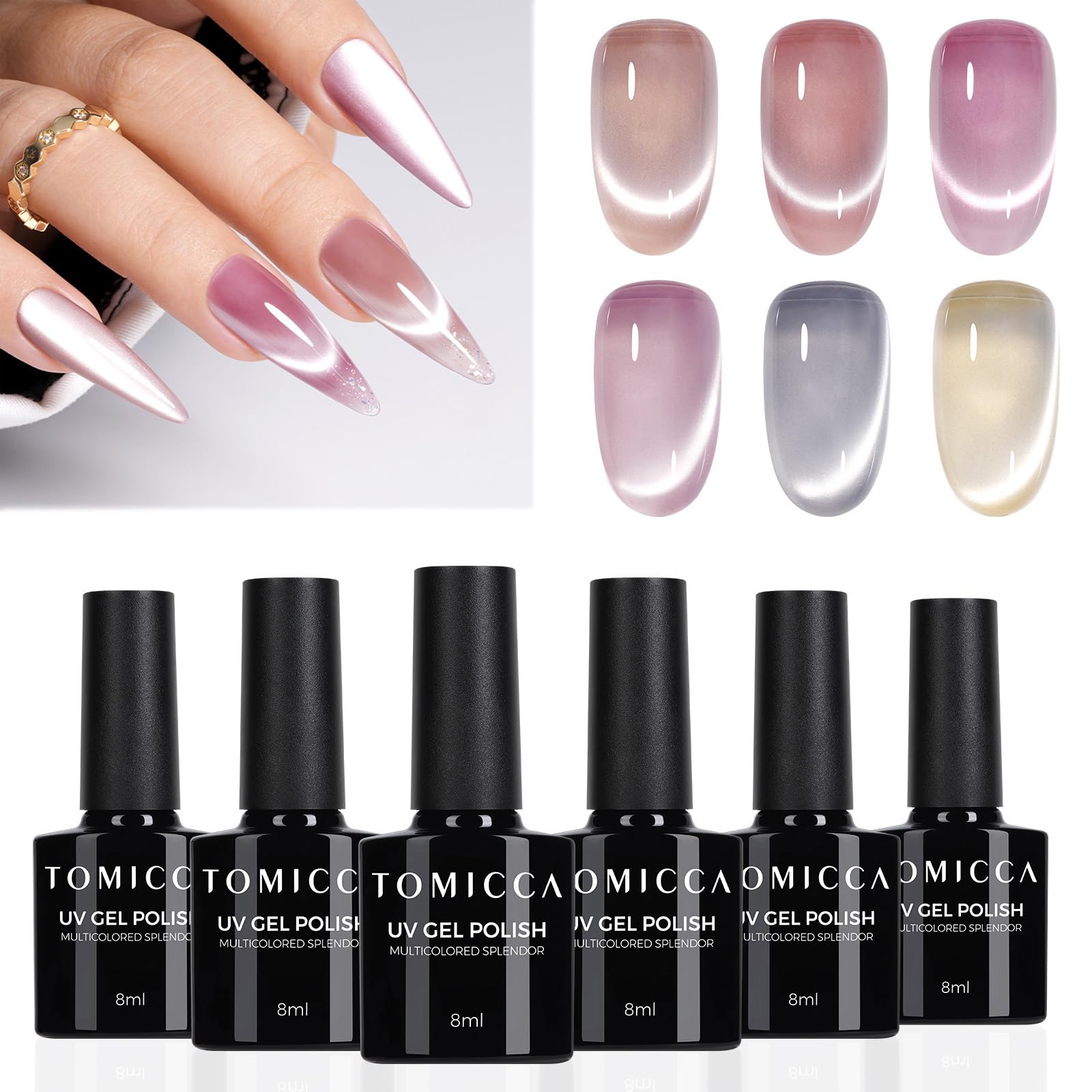 TOMICCA Cat Eyes Gel UV Nagellack Jelly Magnet, 6 Farben Glitzer Glas Kristall Gel Nägel Polish Set für Anfänger Nagelstudio DIY Home, 8ML
