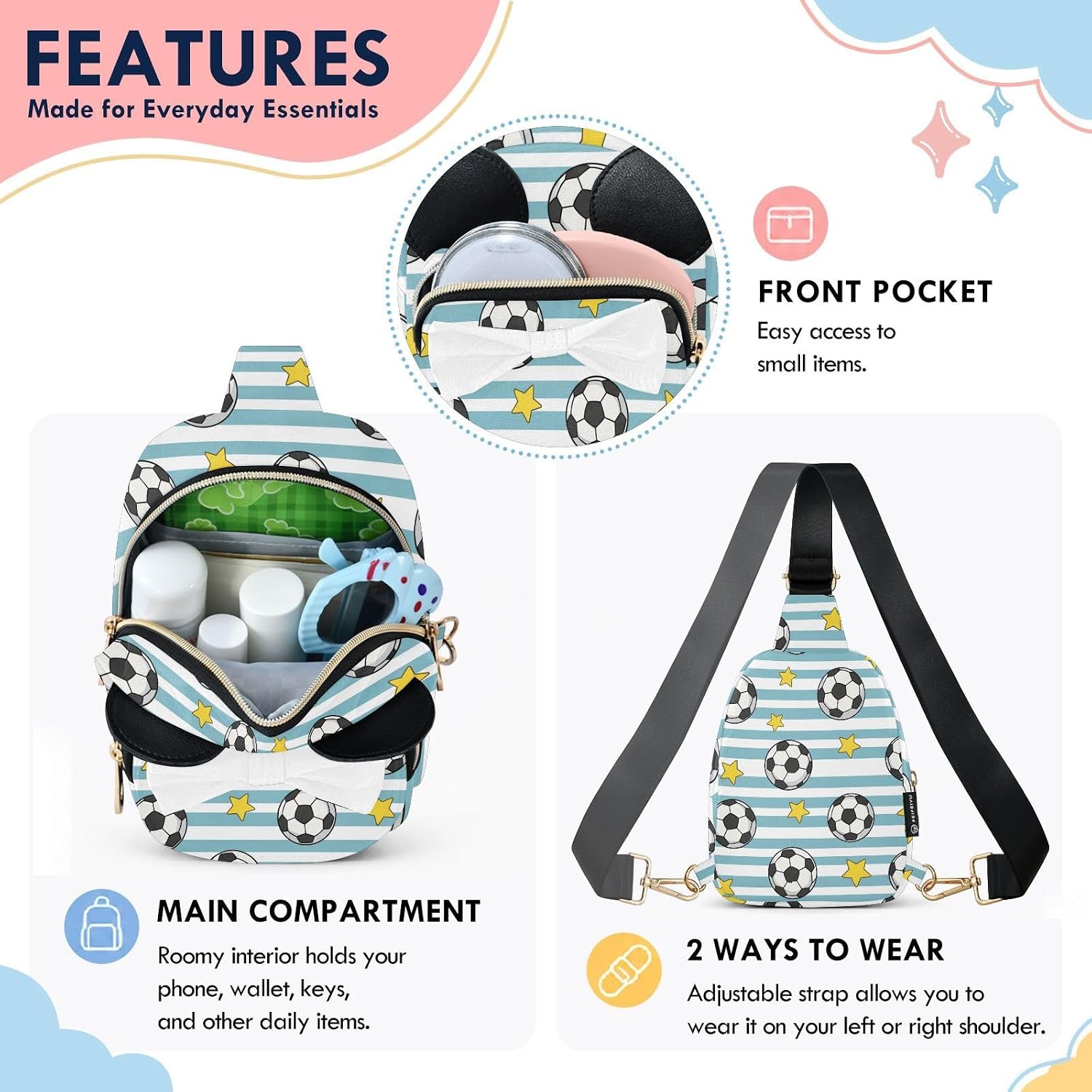 Sinestour Soccer Balls Kids Crossbody Bags for Girls, 7.5"x3.1"x5.7" | Crossbody Fanny Pack, Toddler Purse, Cute Sling Belt Bag with Ears, 2L Small Shoulder Chest Bag for Travel