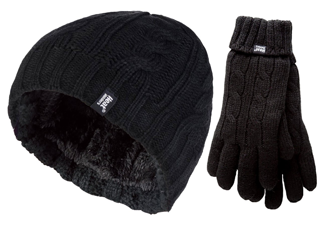 HEAT HOLDERS - Ladies thermal winter outdoor fleece insulated hat and glove set in 7 colours (S/M, Black)